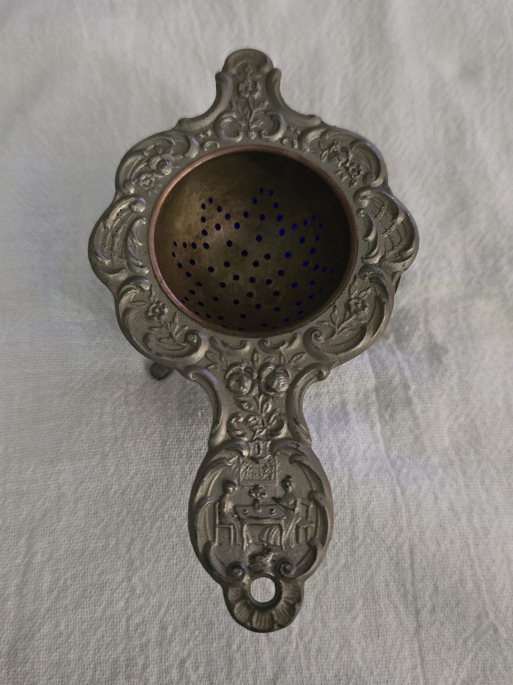 Antique Pewter German Tea Strainer 3 Pc Set W/Cobalt Blue Glass Liner